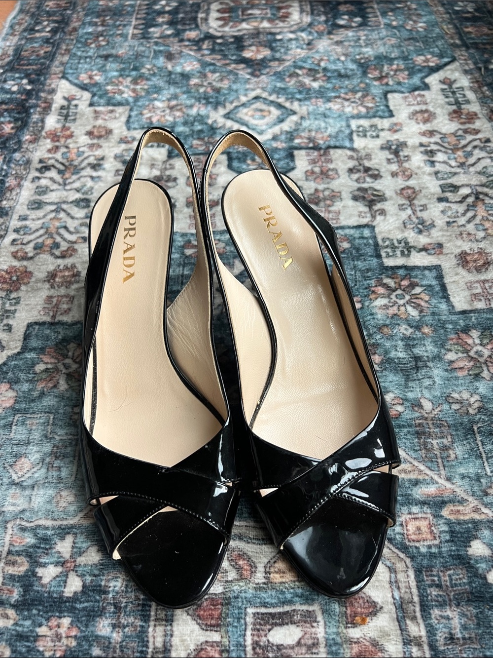Prada Black Patent Leather Slingback Peep Toe Heels